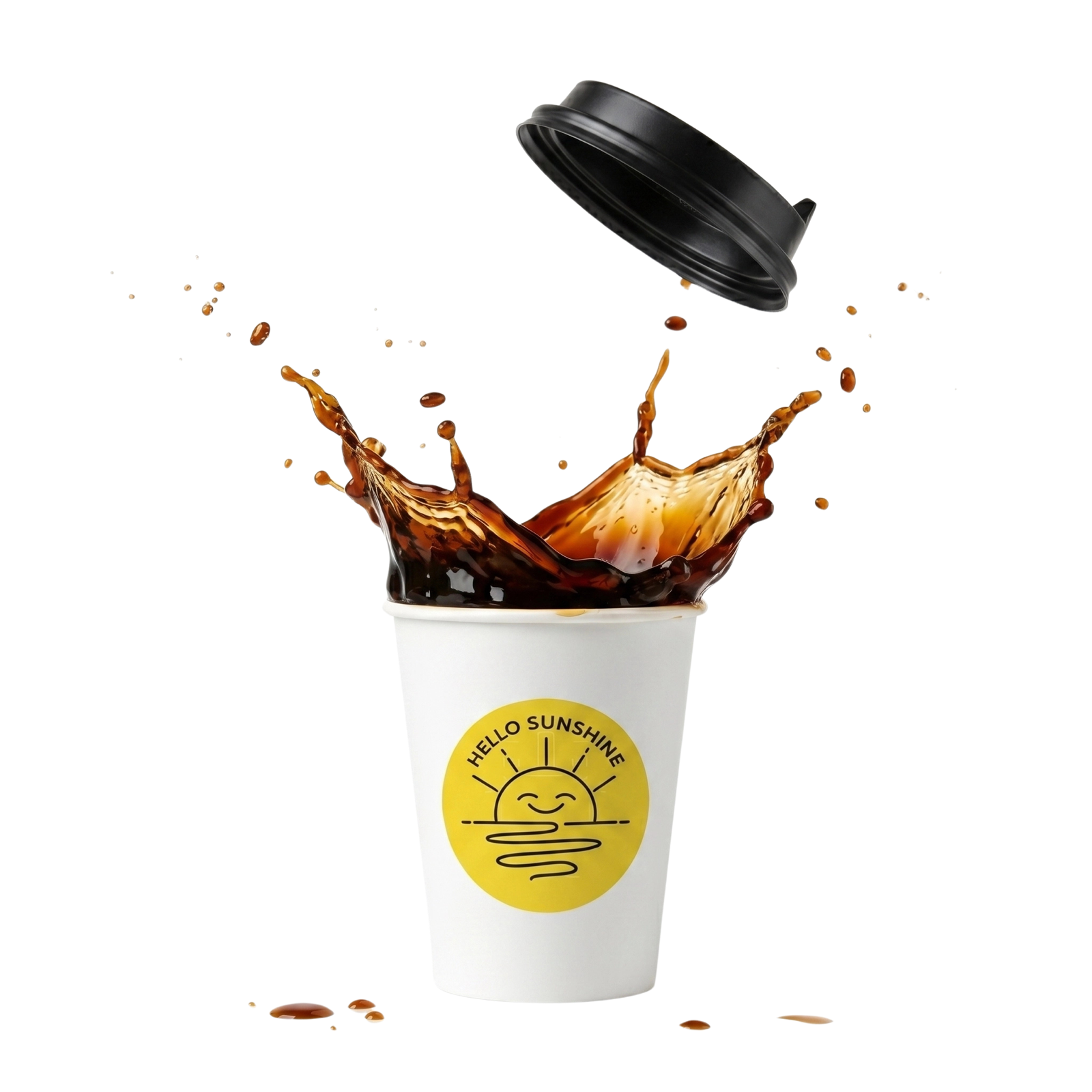 Hello Sunshine takeaway cup mid-splash, lid popped, coffee suspended in the air